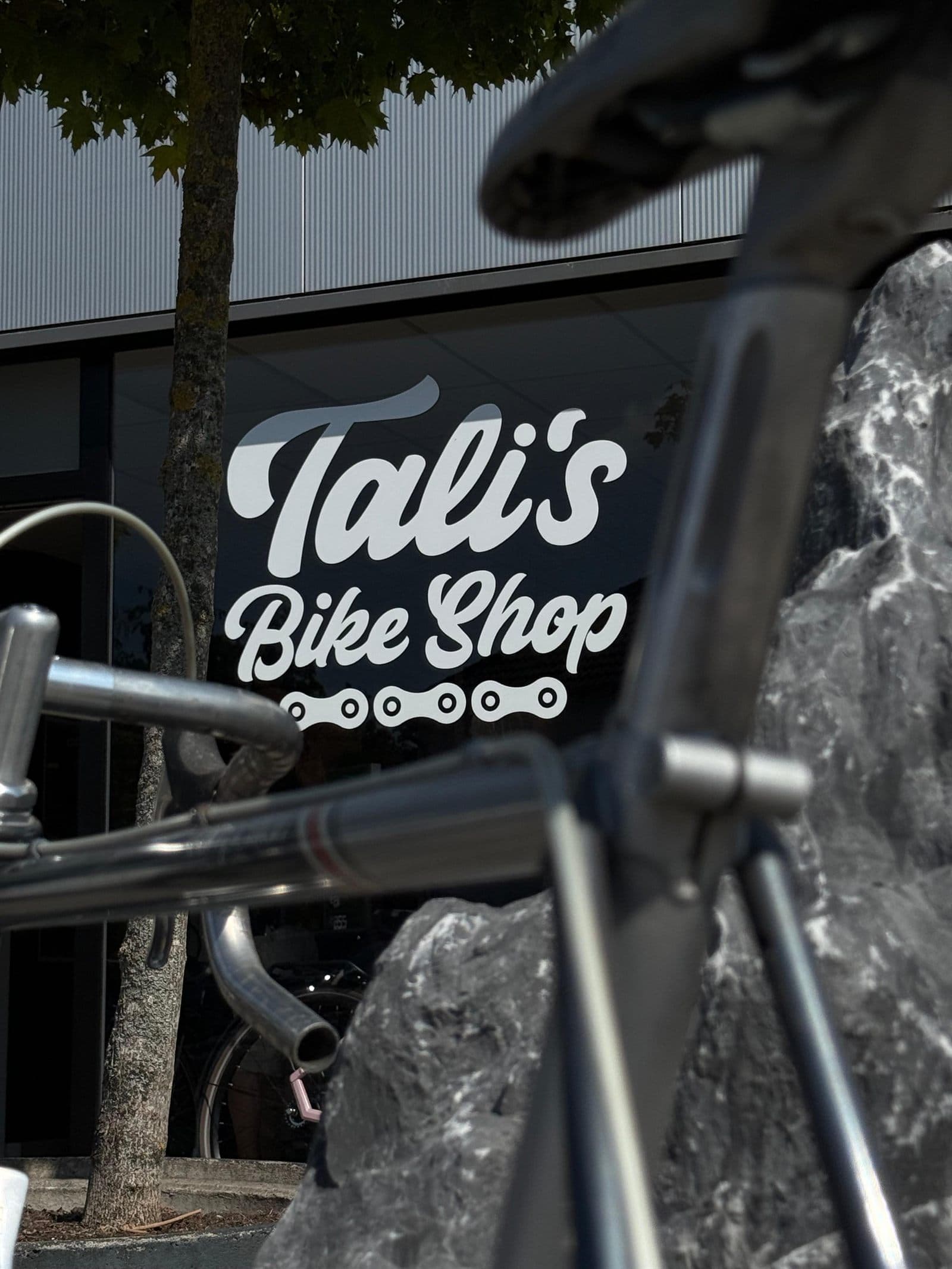 Schaufenster von Tali's Bike Shop mit Logo